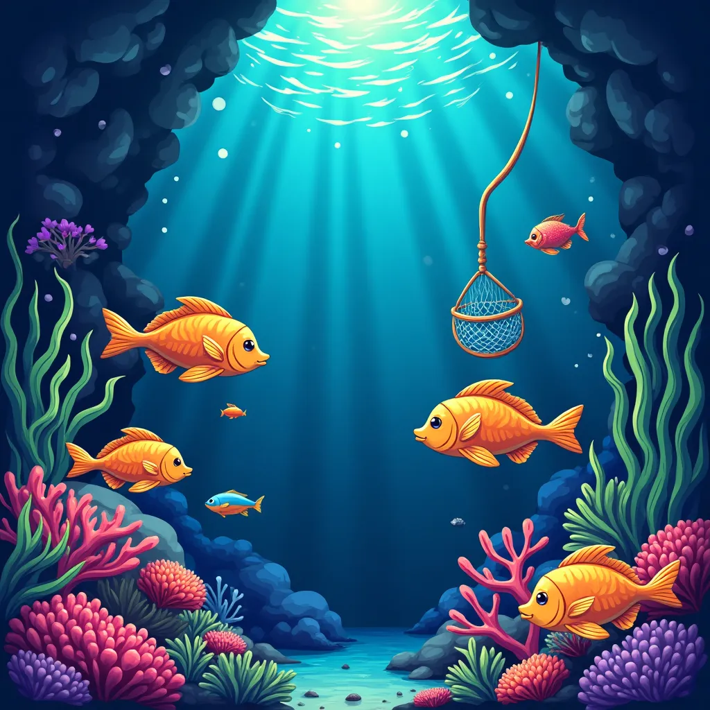 Cartoon arcade fishing scene with neon sea creatures at Indibet